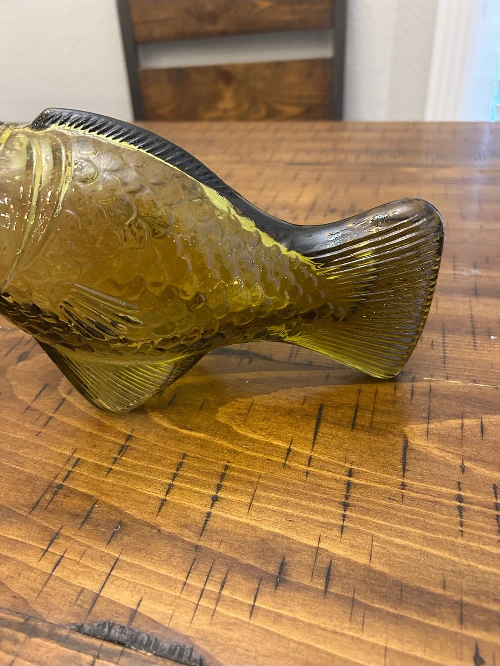Vtg Art Glass Amber Fish Decanter Cork Barware Nautical Beach House 10”
